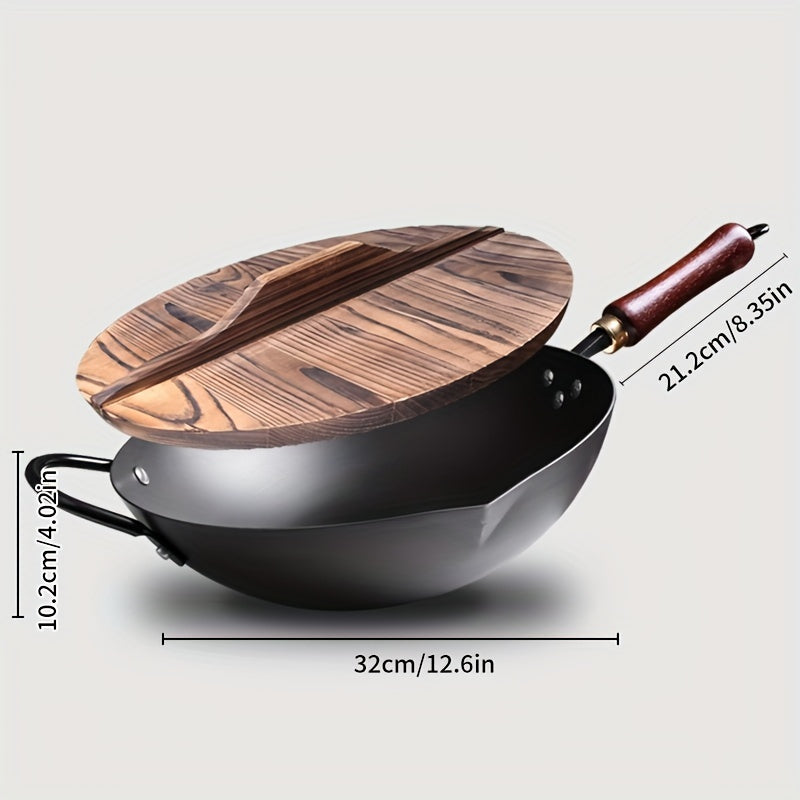 Versatile Dutch Oven - Handmade Traditional Round Bottom Cast Iron Wok for Chinese Stir Fry, Thickened Iron Pot with Wooden Lid, Uncoated and Non-stick