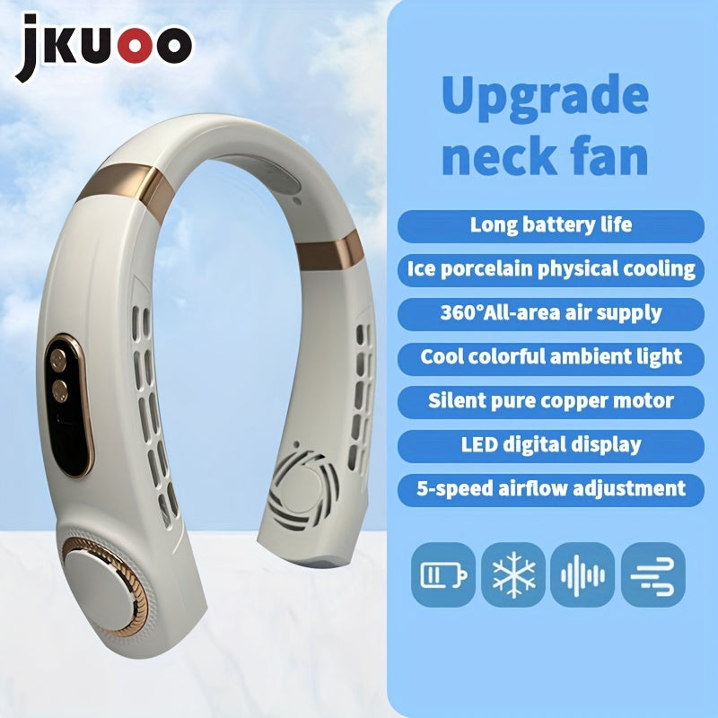 Stay cool and comfortable on-the-go with the 1pc JKUOO Portable Neck Fan. This innovative device features a 5-speed adjustable display, USB rechargeable lithium battery, and quiet operation. Perfect for use during sports, travel, and summer activities