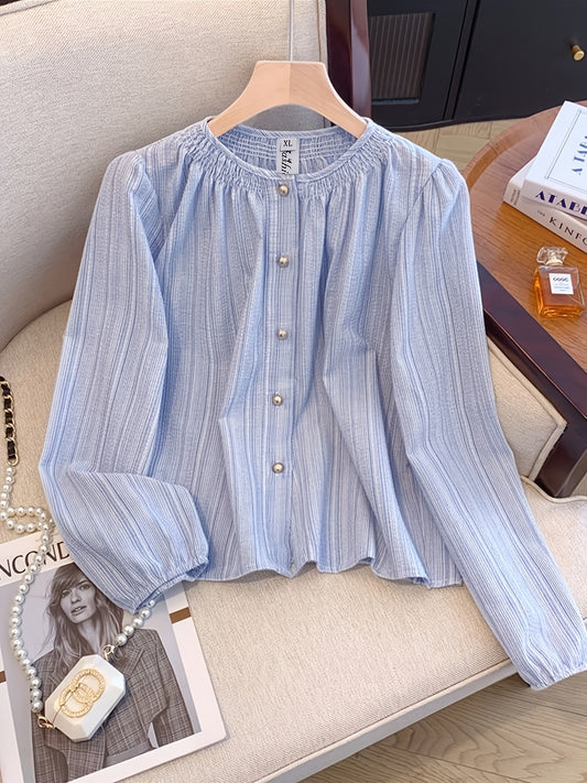 Vintage Striped Long Sleeve Blouse for Women in Light Blue with Ruffled Cuff and Button-Up Half Placket. Made from Polyester with a Flowing Fit, Perfect for Spring/Fall. Japanese-inspired