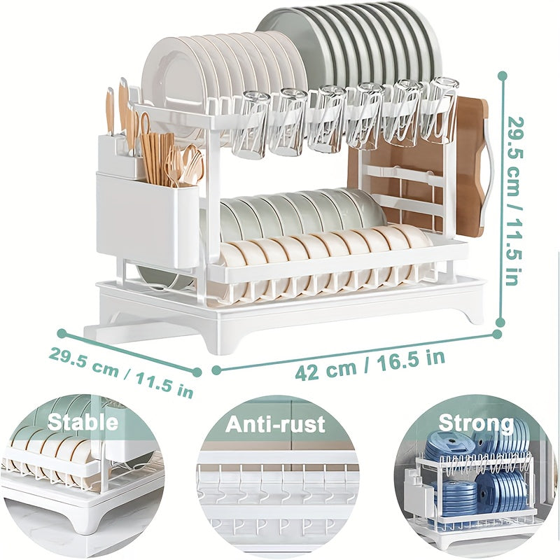 Multifunctional carbon steel holder for bowl, plate, and kitchen items with drainage board. Saves space and no electricity needed.