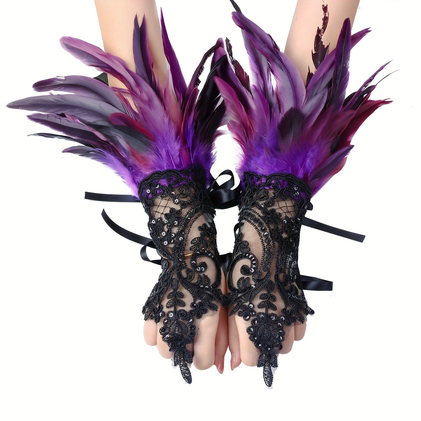 Chic Gothic-inspired gloves with faux feathers, monochrome lace, sequins, and lace-up hooks. Perfect for Halloween parties or dressing up your wrists.