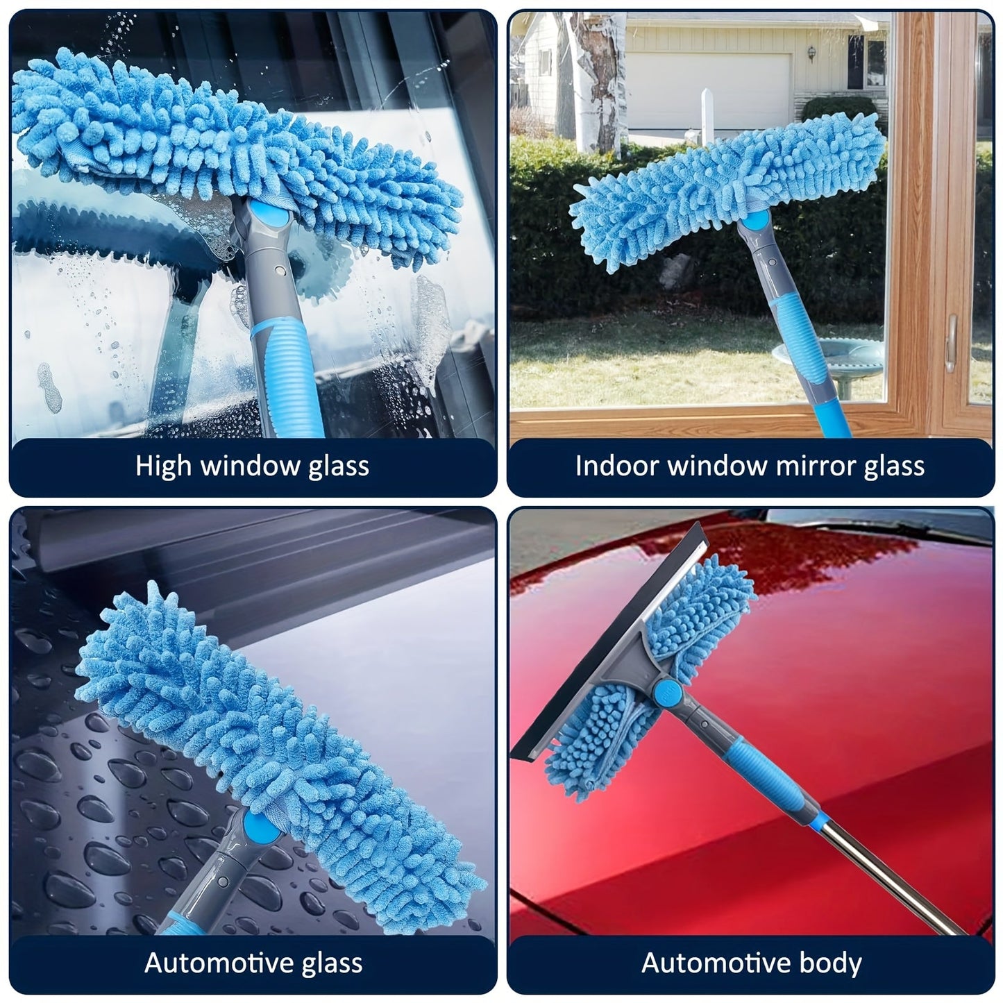 1 Retractable Window Cleaning Brush Kit with Telescopic Rod, Stainless Steel Handle, and Reusable Microfiber Pad - Includes High Reach Outdoor and Glass Cleaning Tool, Machine Washable, No Power Needed, 1 Rotatable Head, 2 Interchangeable Brushes Blue