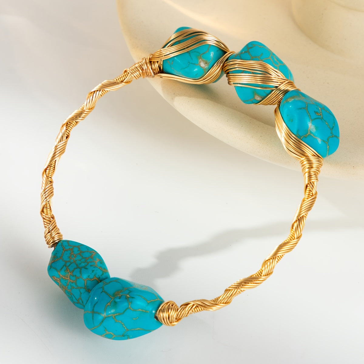 One piece of an exquisite handcrafted copper turquoise bracelet in a bohemian style, featuring a natural stone and adjustable size. Perfect for daily wear and gift-giving, this bracelet is made without any mosaic material.