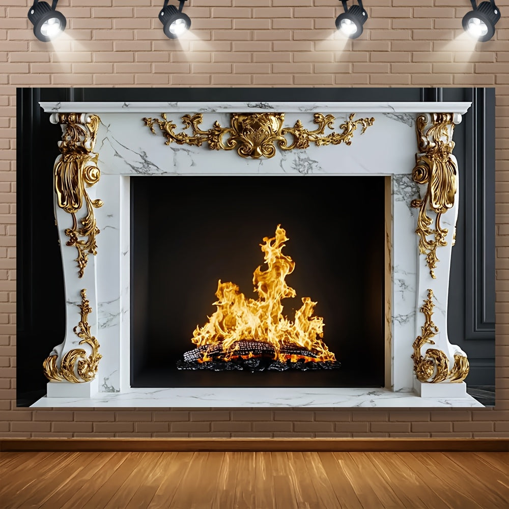 Classy White Marble Fireplace with Beautiful Golden Baroque Details - Perfect Polyester Background for Photoshoots, Events & Seasonal Decor