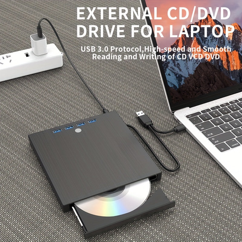 Compact portable DVD/CD drive with USB 3.0 & USB-C compatibility. Burn and play CDs/DVDs with ease on laptops, desktops, and all-in-one computers. Stylish black design for seamless media