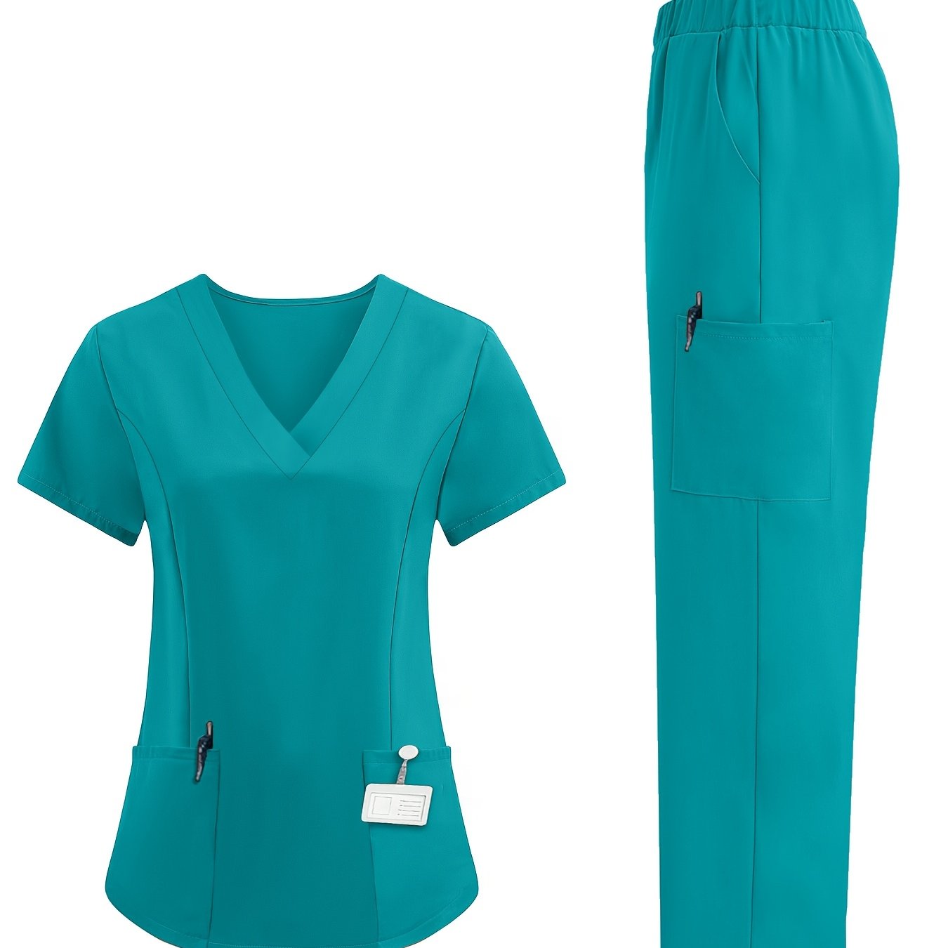 Short-sleeved V-neck work attire, hand-washable, with functional patch bag.