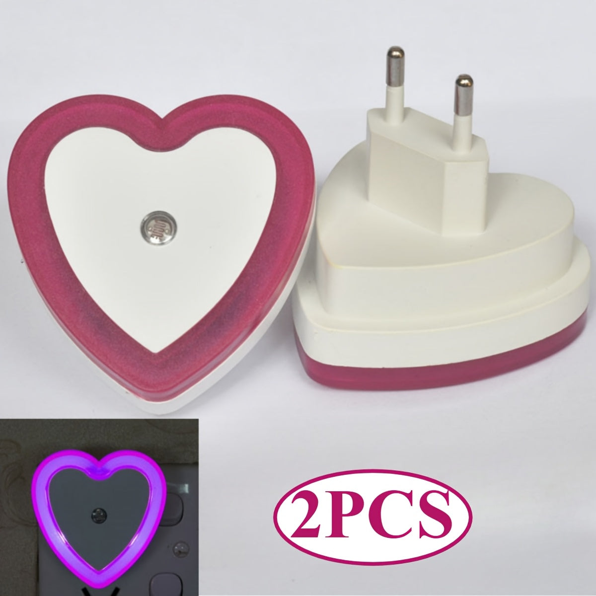 Heart-shaped LED night light with built-in sensor and European plug for indoor use. Ideal for stairways, bedrooms, kitchens, and hallways. Not waterproof. Can be wall-mounted.