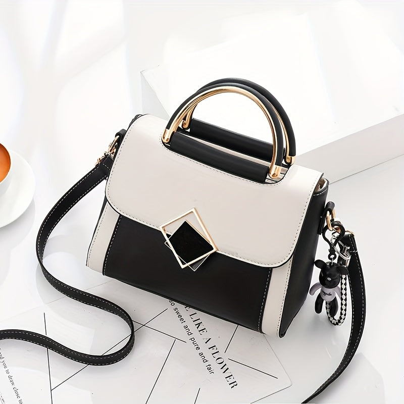 Chic color contrast handbag with lock detail perfect for women.