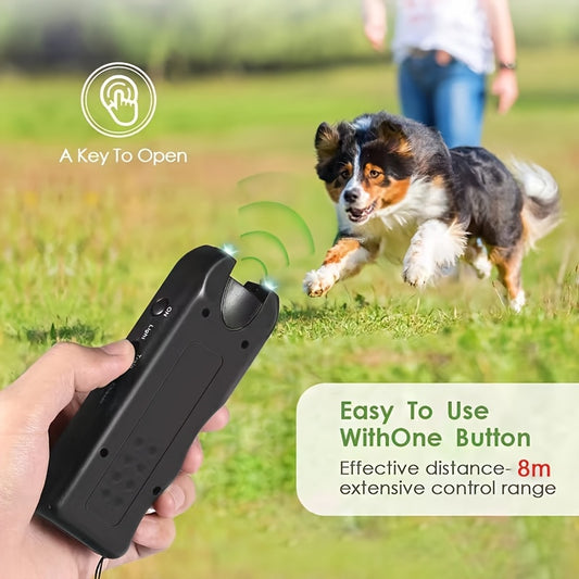 Portable, battery-powered Dog Repellent Device with LED Light using Soundwave technology for outdoor use.