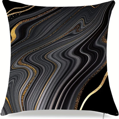 Set of 4 black and golden throw pillow covers in various sizes for accenting couch cushions and home decor.