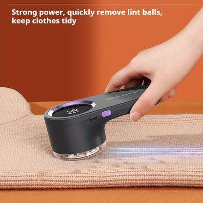 USB Rechargeable Fabric Shaver with LED Display, powerful electric lint remover for various fabrics, precision cutting, portable design, alloy steel blade, built-in lithium battery.