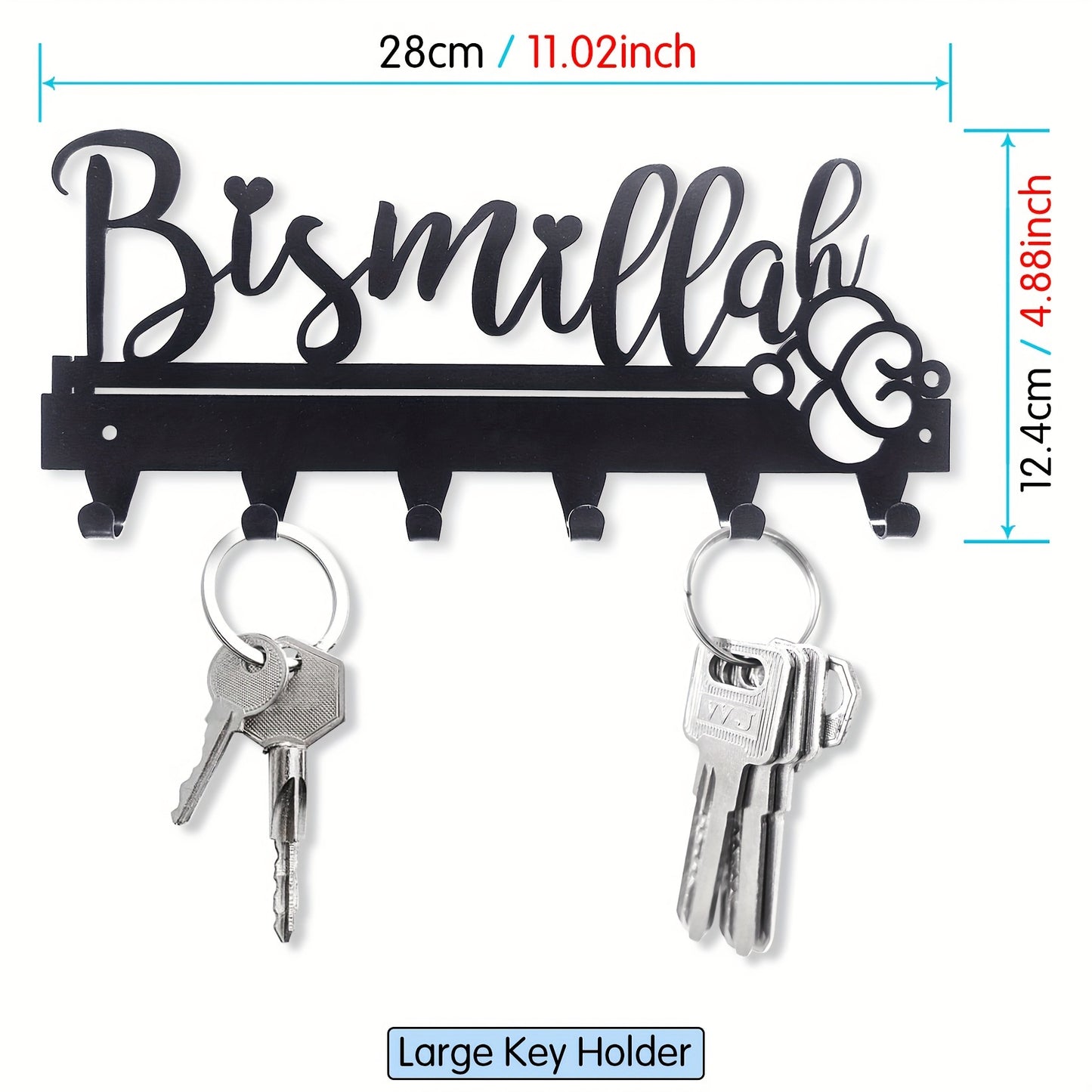 1-pc Bismillah Metal Key Holder: Black decorative wall-mounted key organizer for entryway and kitchen. Wall decor with key hooks, ideal for home and kitchen storage. Wall-mounted version