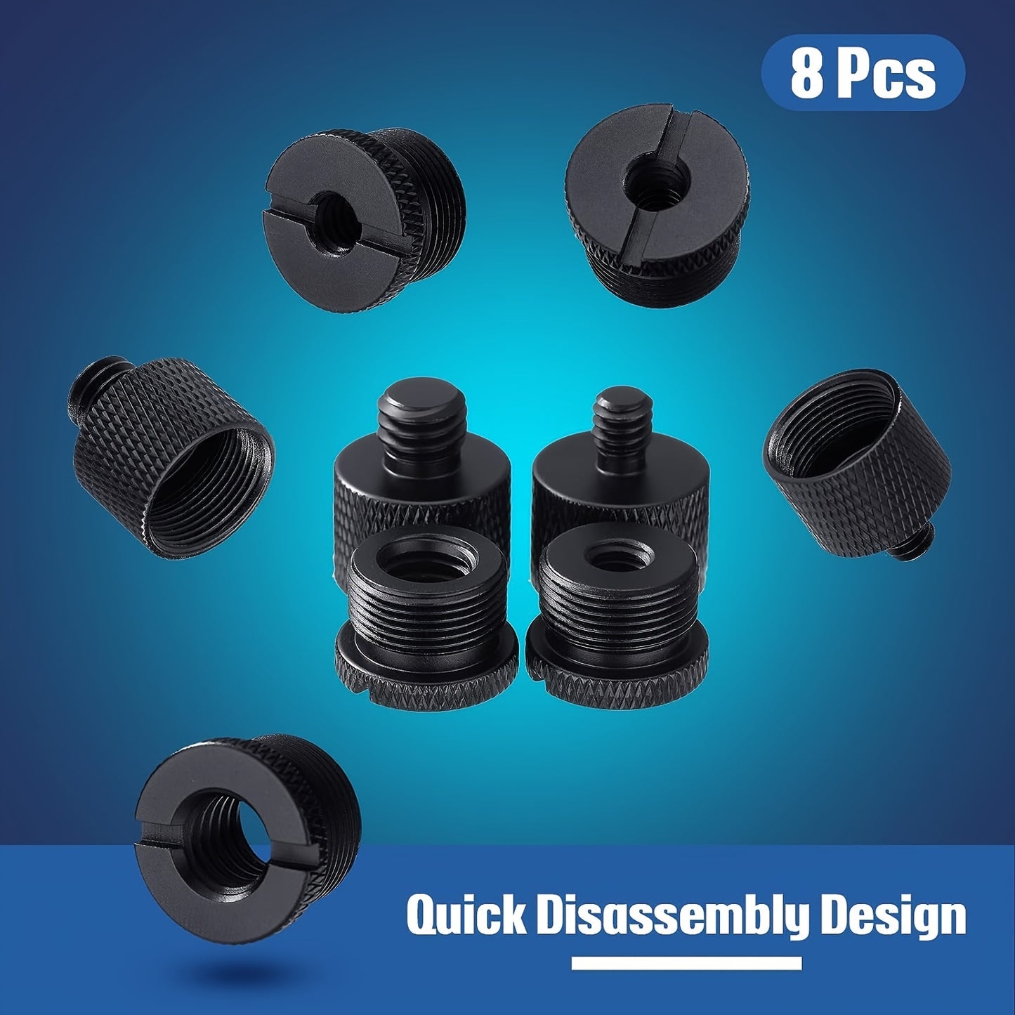 Set of 8 mic stand adapter pieces, featuring various female to male thread sizes for microphone compatibility.