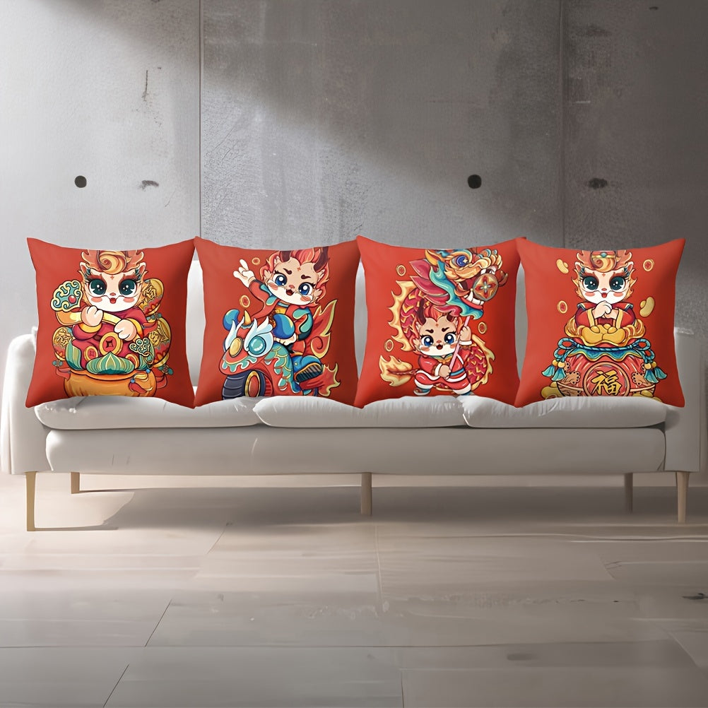 Get cozy with the Red Dragon Chinese New Year Pillowcase! This traditional-style cushion cover is made of stain-resistant polyester, perfect for adding a touch of flair to your sofa or bedroom decor. The dimensions are 43.99 x 43.99 cm.