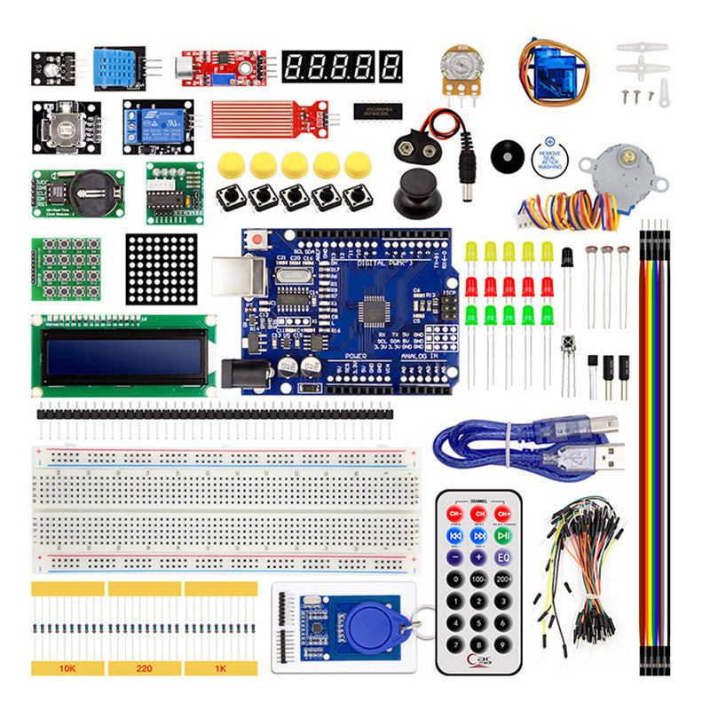 Arduino UNO R3 RFID Kit with programmable digital display, hardwired power, and white material. Ideal for office and reading use, assembly required. No battery or laser included.