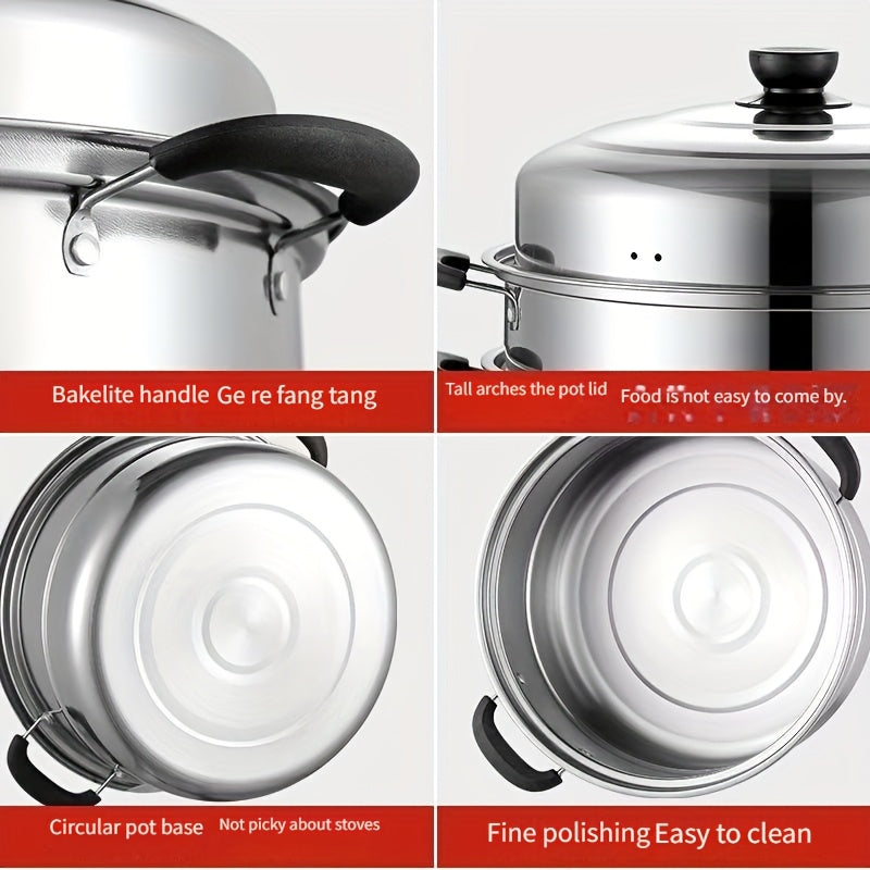 Stainless Steel Steamer Pot with Lid - Versatile Double-Layer Design, Suitable for Induction Cooktops - Perfect for Buns, Mantou, and Soup - Sturdy and Durable Construction, No Electricity Required