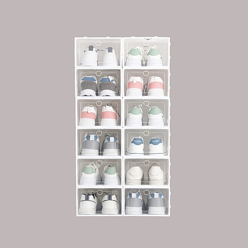 12 clear shoe boxes with hinged lids, collapsible storage containers, drawer-style clear shoe organizer, plastic shoe holder, multi-tier space-saving storage system.