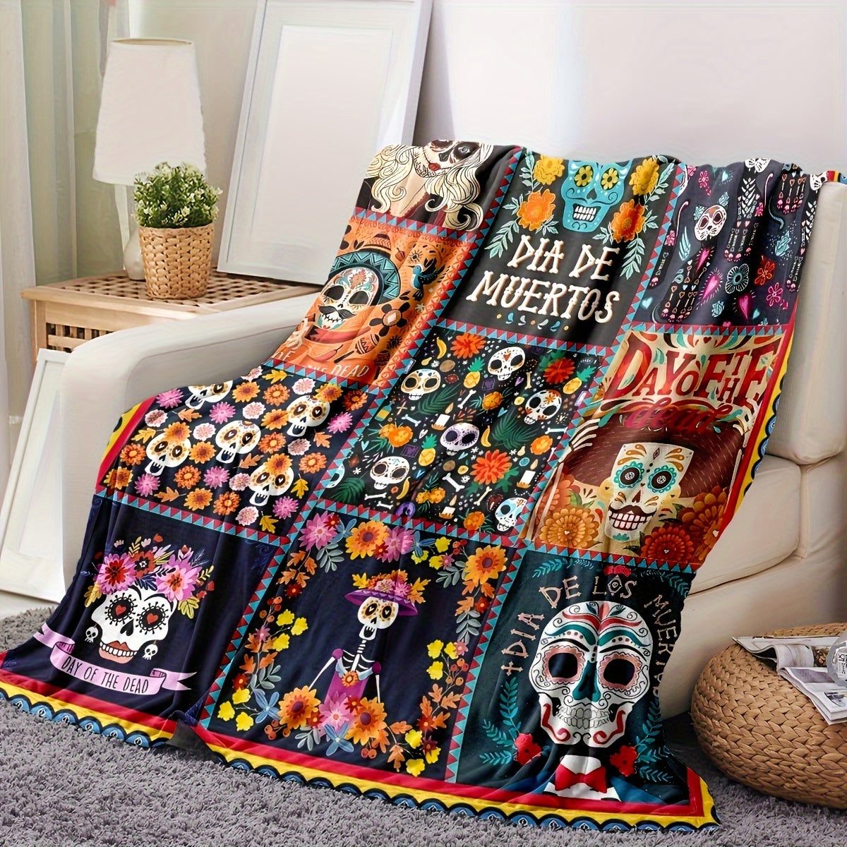 Stay cozy with our Vintage Dia de Muertos Printed Flannel Throw Blanket. This all-season blanket is stain and tear resistant, machine washable, and features a quilted digital print polyester design. The soft and warm blanket weighs 200-250g, making it