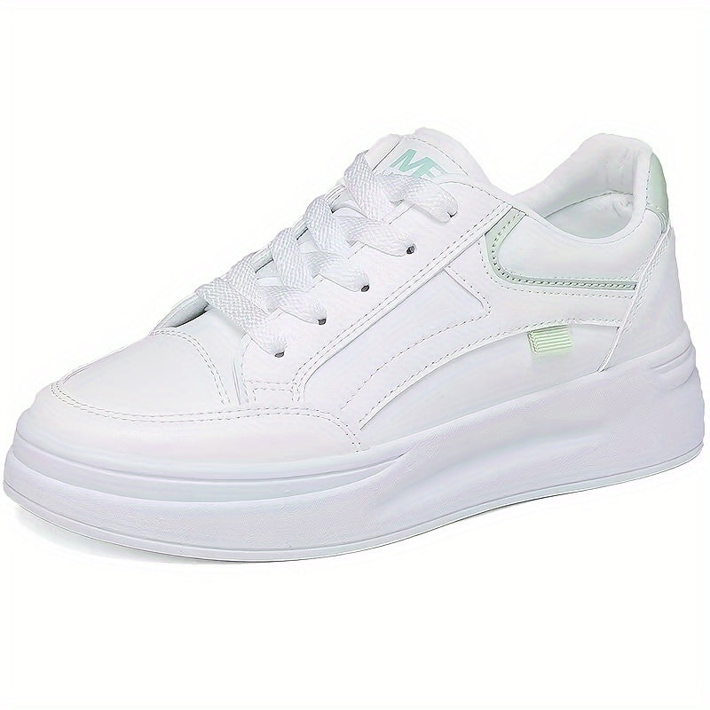 Stylish white sneakers with green accents for casual wear, lightweight and breathable.