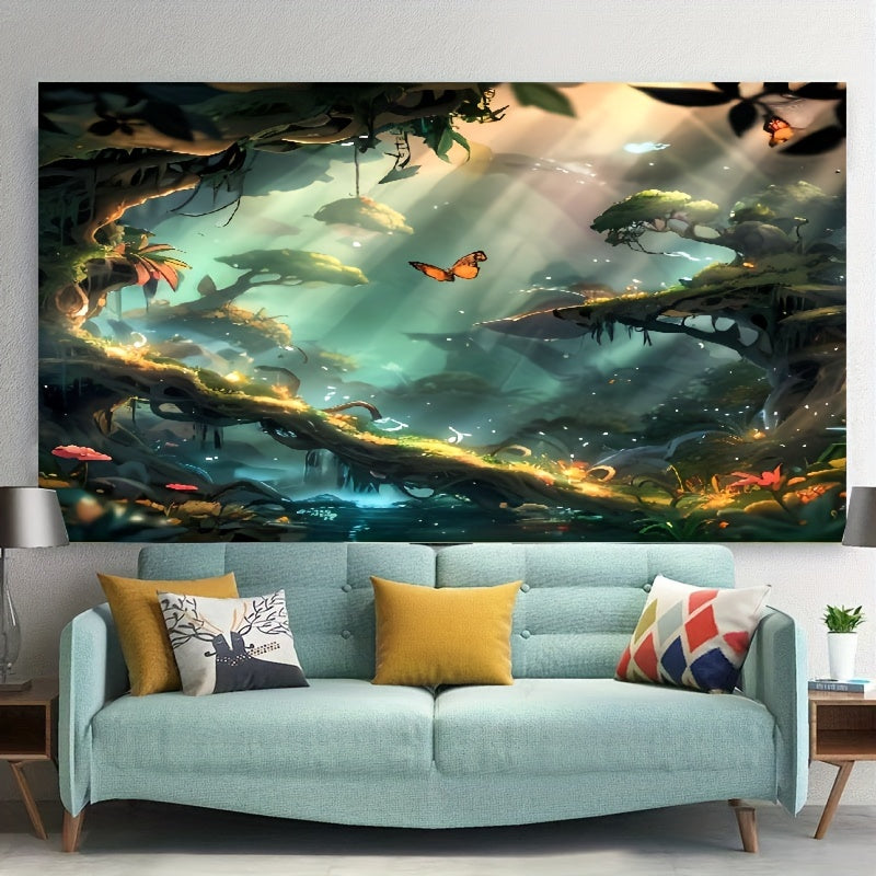 Magical Fantasy Landscape Wall Art - Enchanted Forest Tapestry Featuring Flying Butterflies, Perfect For Nursery & Playroom Decor, Made from Polyester with Digital Print