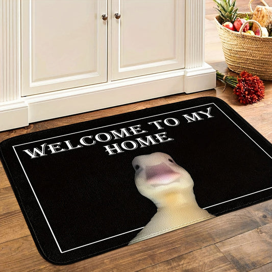 Colorful Duck Design & Bold Typography Print Area Rug - Plush, Quick-Drying, Slip-Resistant, Stain Repellent, and Low-Maintenance Polyester Rug for Stylish Home Décor - Ideal for Bedroom, Living Room, or Kitchen Entryway with Added Cushioning for Comfort.