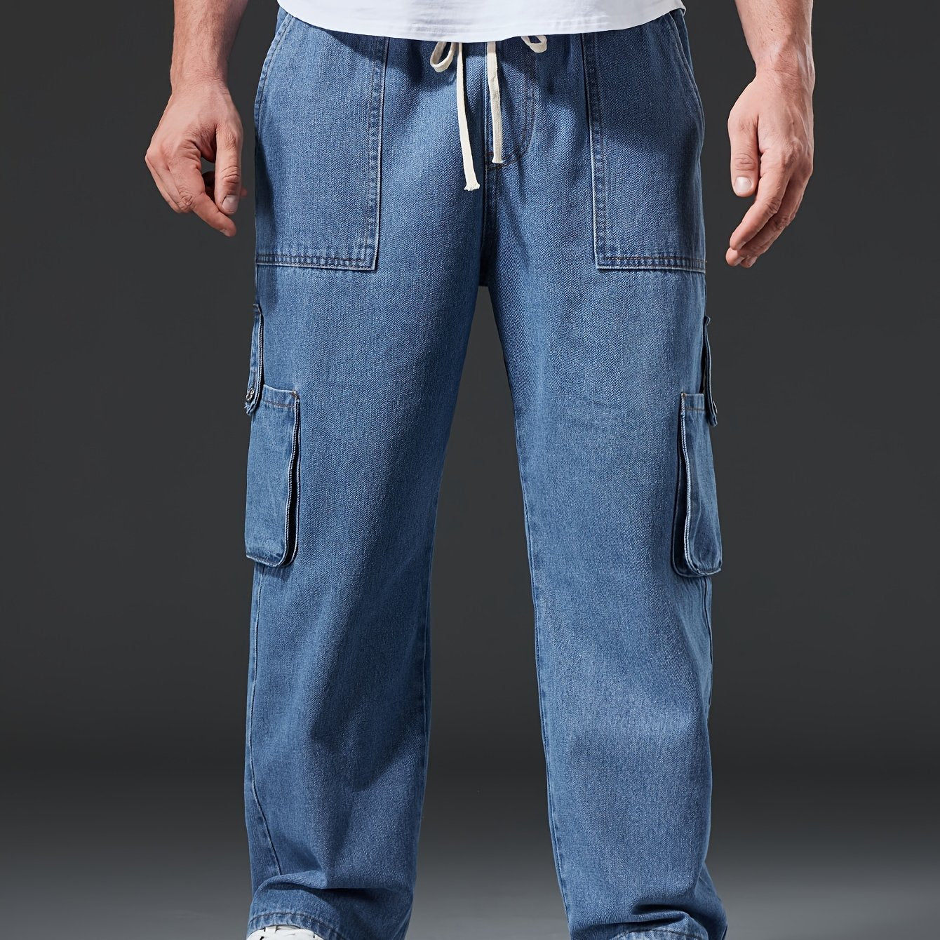 Men's solid cargo jeans for plus size in Spring, Fall, and Winter.