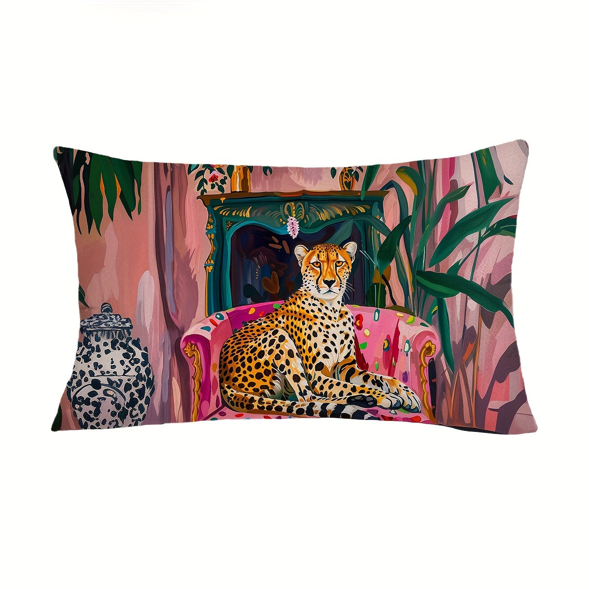 1pc Cheetah Plant Throw Pillow Cover in Fauvism style, 29.97cm*50.04cm or 44.96cm*44.96cm, Farmhouse decorations for home, couch, sofa, living room, bedroom. Pillow insert not included.