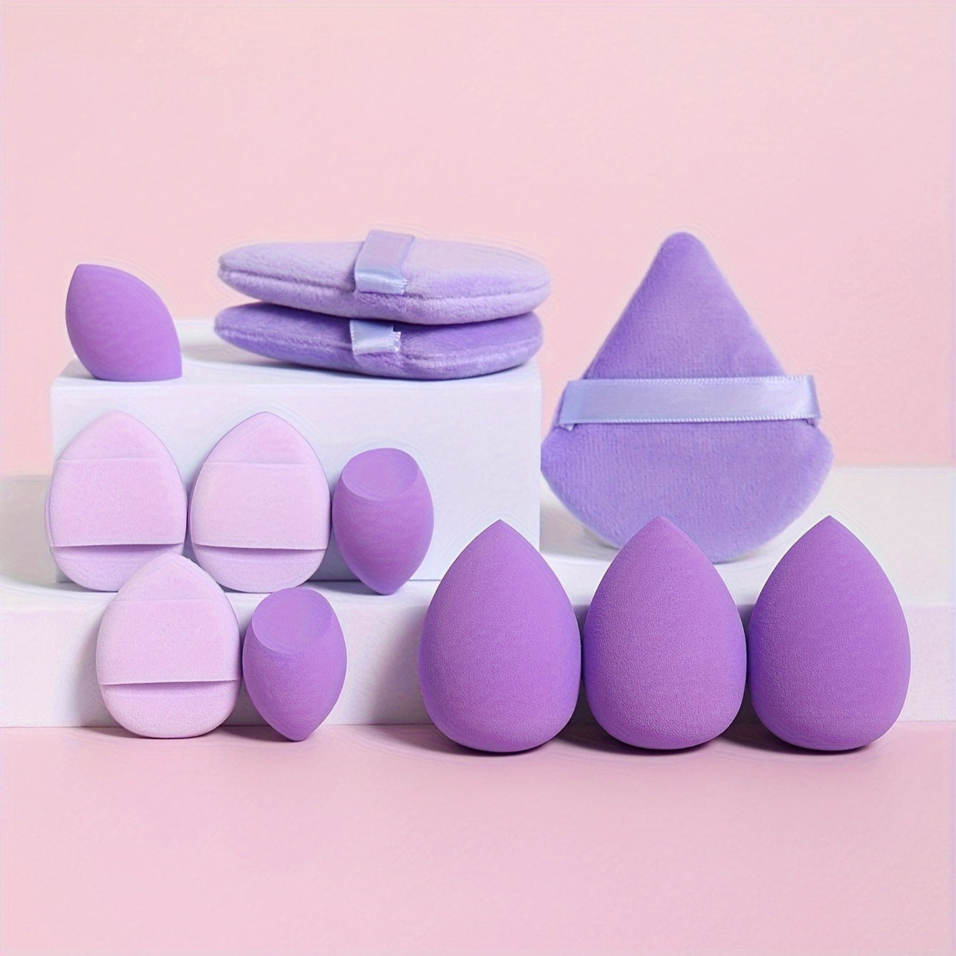 12-piece makeup sponge set includes foundation blending beauty sponge suitable for liquid, cream, and powder makeup, made of super soft velvet with shaping, eye, and corner design. Set also