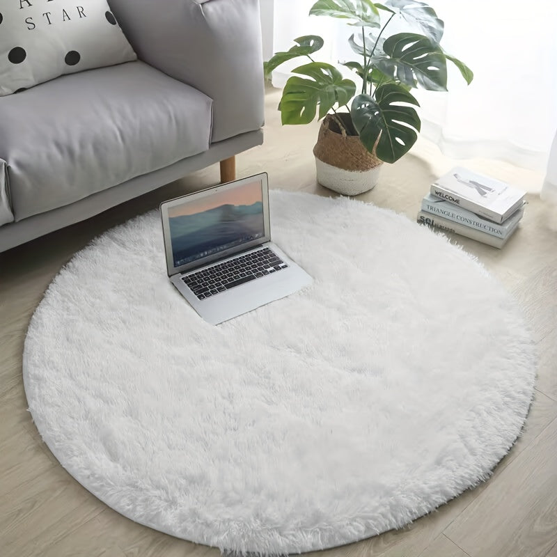 Indulgent Pure White Silk Circular Rug - Soft, Non-Slip & Easy-to-Clean Polyester Rug for Living Room, Bedroom, Yoga | Luxurious Medium-Pile Mat with Tray for Home Decor, Living Room Carpet