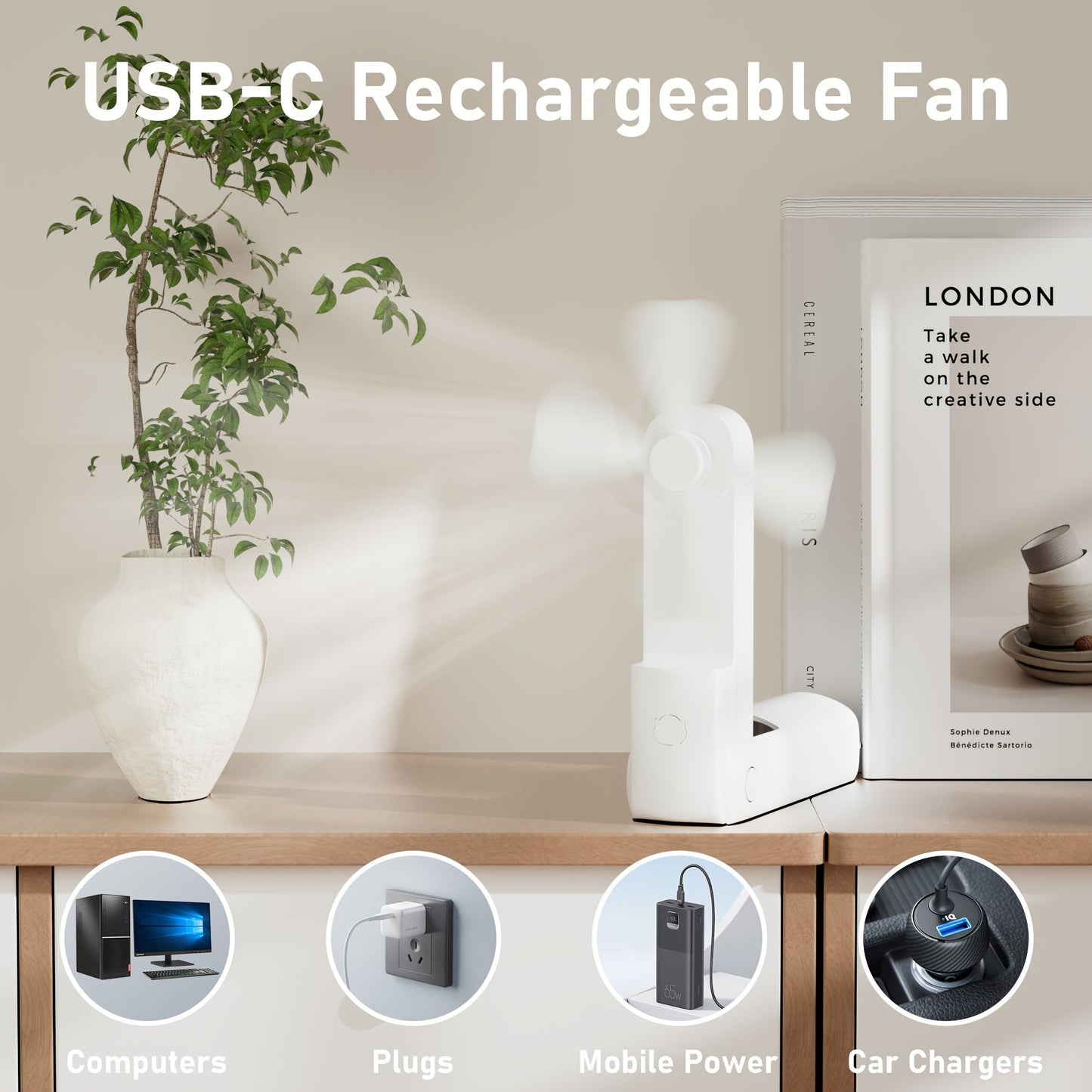 Compact and foldable USB rechargeable handheld fan, ideal for girls on-the-go. Perfect for travel and outdoor activities. Great for keeping cool and for touch-ups on the go.