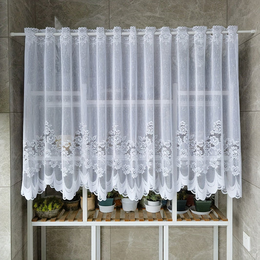 White Floral Embroidery Lace Curtain with Rod Pocket, Tulle Short Valance for Kitchen or Bathroom. Perfect for small windows and cabinet coverings, this dustproof half curtain adds a touch of elegance to your home decor.