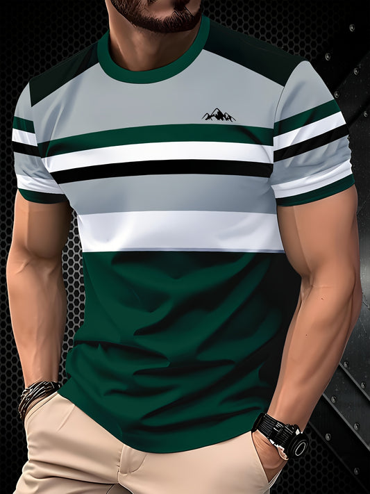 Men's Fashion Striped T-Shirt, Polyester Crew Neck, Regular Fit - Deep Green and White