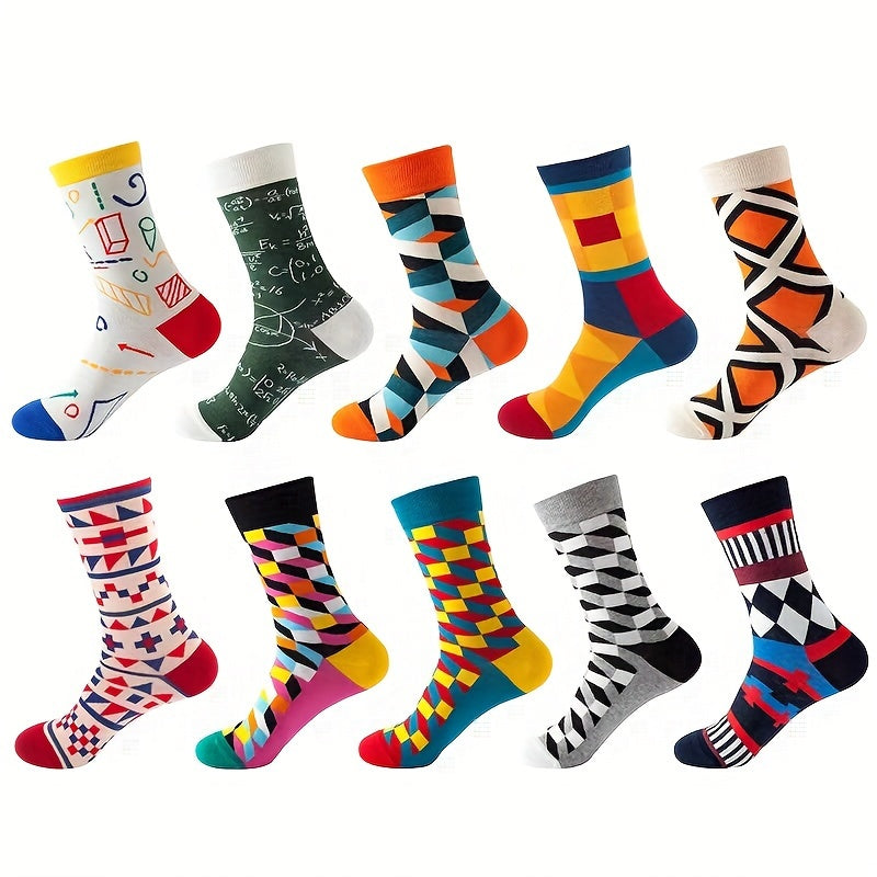 10 pairs of men's trendy cartoon anime pattern crew socks, breathable cotton blend, comfy casual unisex socks for all seasons.