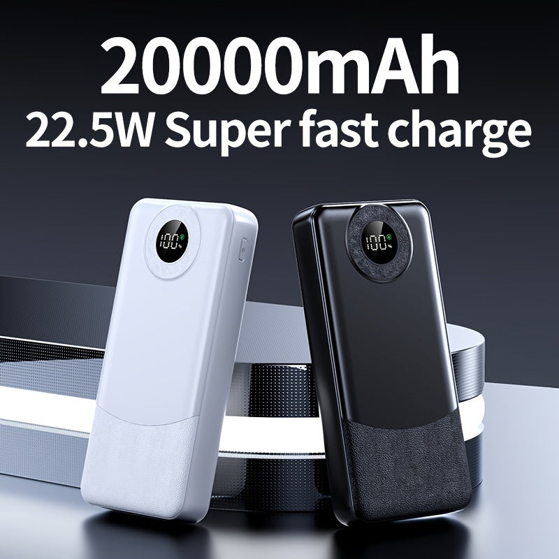 20000mAh power bank with super fast charging, LED display, dual input/output, suitable for iPhone and Android devices. Perfect for outdoor emergencies.