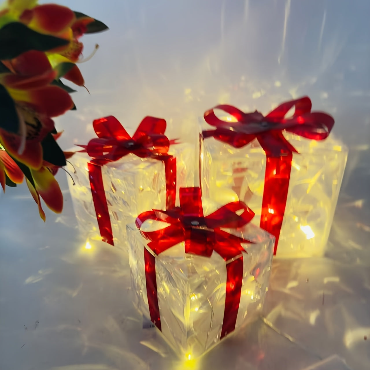 3 Classic LED Lighted Gift Boxes with Red Bows, Battery Operated, Batteries Not Included, Ideal for Holiday Decorations.