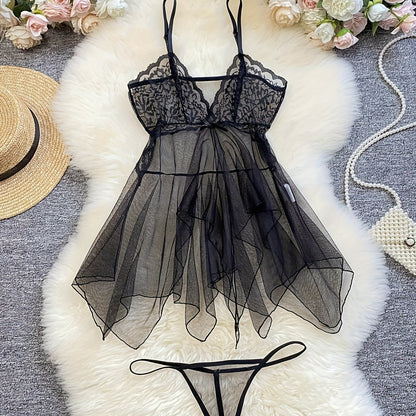 Sheer lace lingerie set with bow cami dress and thong - women's sexy underwear.