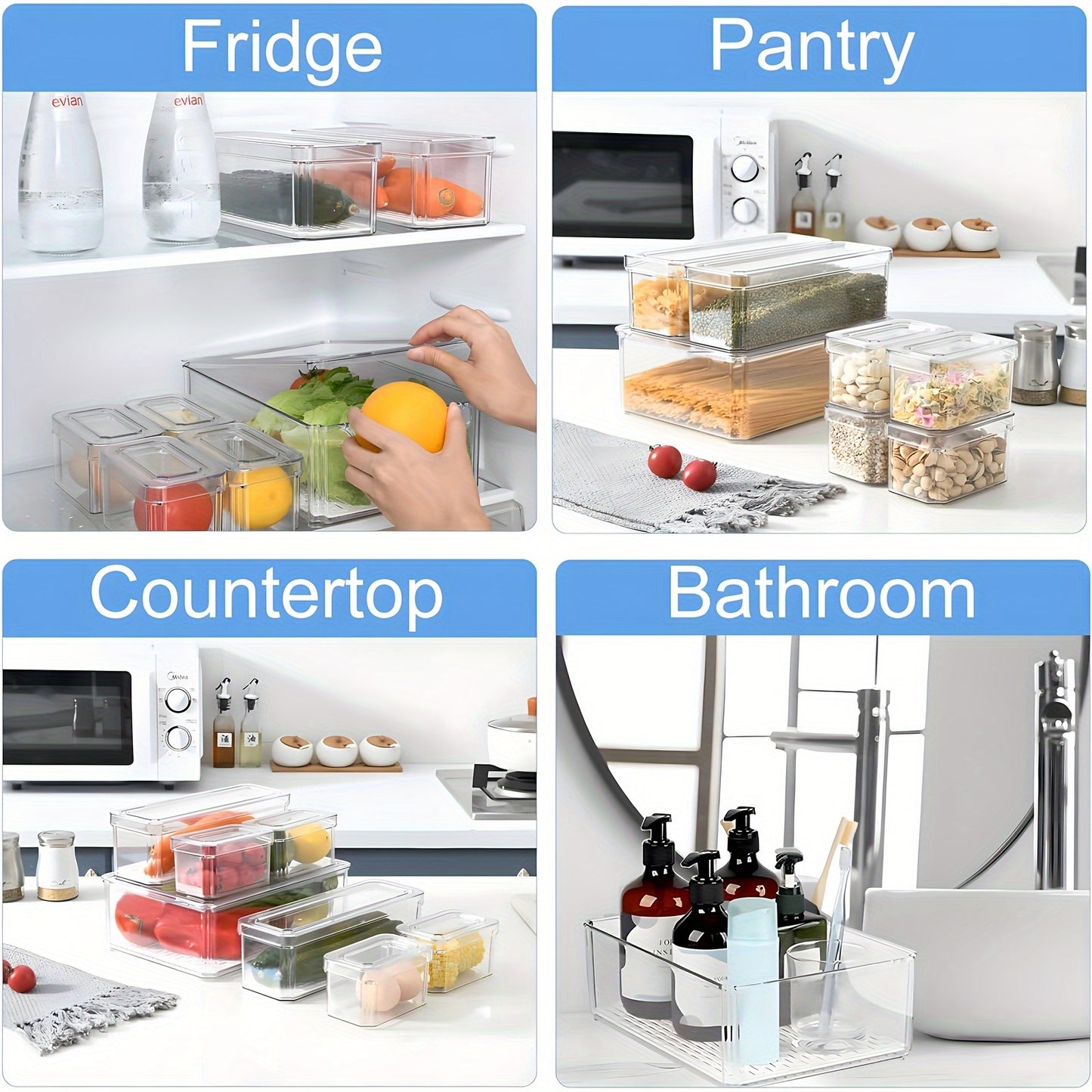 Essential RV refrigerator organizer with 7/14pcs clear stackable containers, BPA-free, includes lid. Perfect for storing fruits, vegetables, food, and drinks in compact spaces. Also