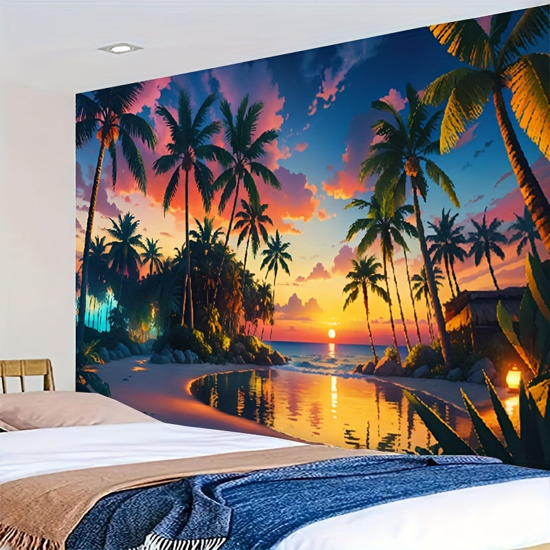 Enhance your Nursery Decor with this Breathtaking Sunset Beach Tapestry featuring Palm Trees & Pool - High-Quality 8K Artwork made from Polyester, perfect as a Wall Hanging