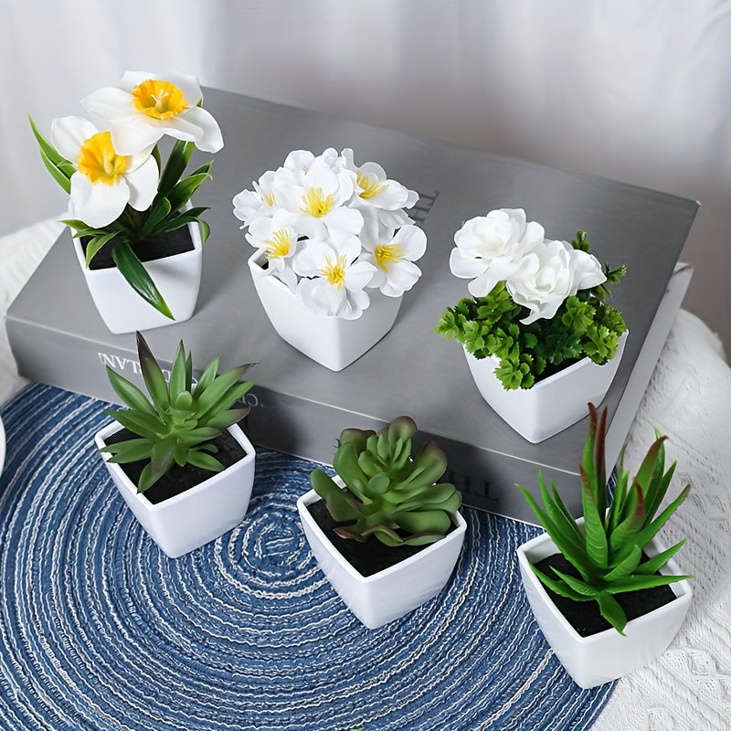 6pcs Artificial Succulents & Flowers in White Pots - Ideal for Home & Office Decor | Realistic & Versatile Mini Plants for All Seasons