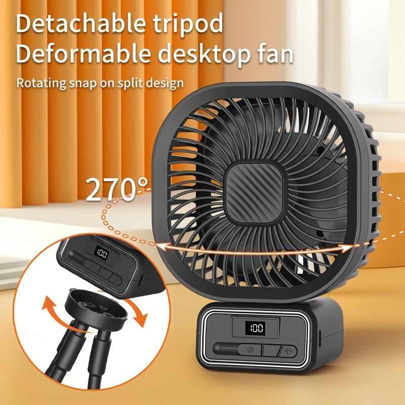 Stay cool with the YAIAWISU Portable Desktop Fan featuring a tripod stand for easy placement, USB rechargeable 5000mAh battery, 3-speed settings, LED display and lighting, and a compact design. Perfect for use indoors or outdoors during the summer