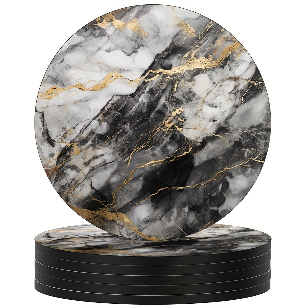 6 golden grey marbled coasters with rubber and non-slip backing, perfect for drinks and decor in your home or kitchen. Great housewarming gift.