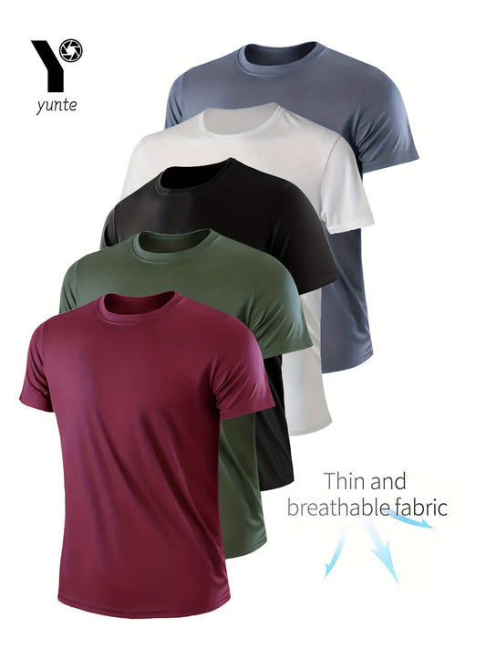 Men's 5-pack athletic T-shirts made of quick-dry, breathable, moisture-wicking polyester. Lightweight and comfortable for gym, running, and workouts. Solid color with regular fit, suitable