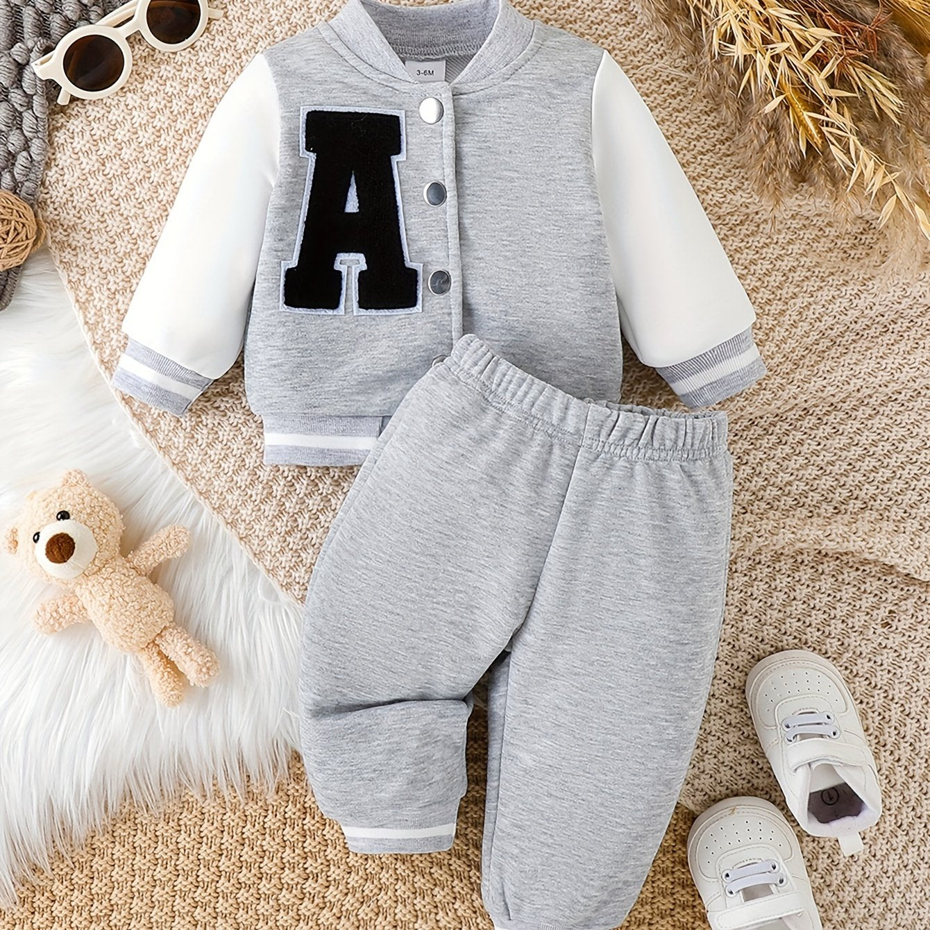 Infant boys' casual outfits for fall/winter: trendy baseball coat and pants set.