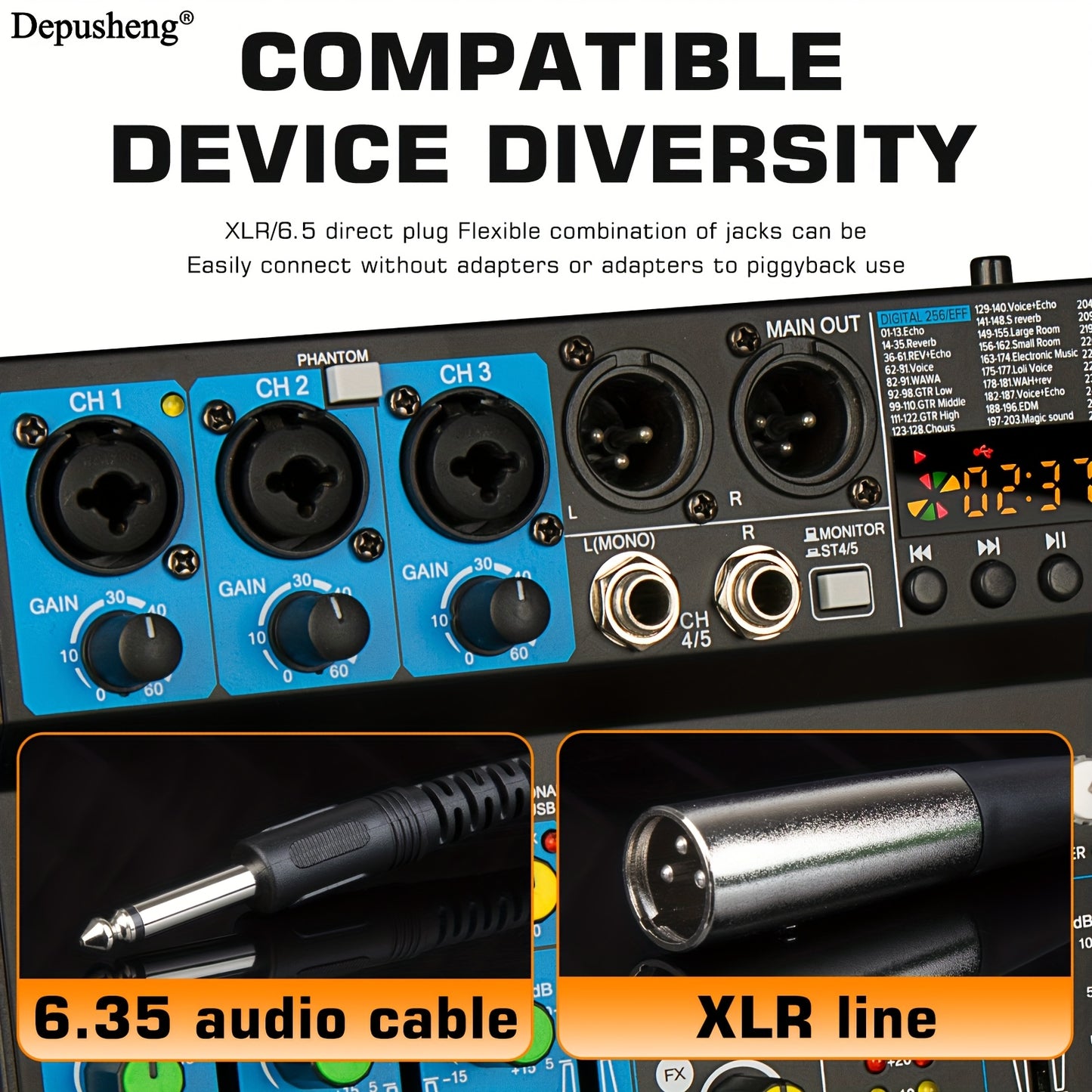 DEPUSHENG 6 Channel DJ Mixer with USB MP3 input, suitable for podcasts, studio recordings, gaming, and ambient sound.