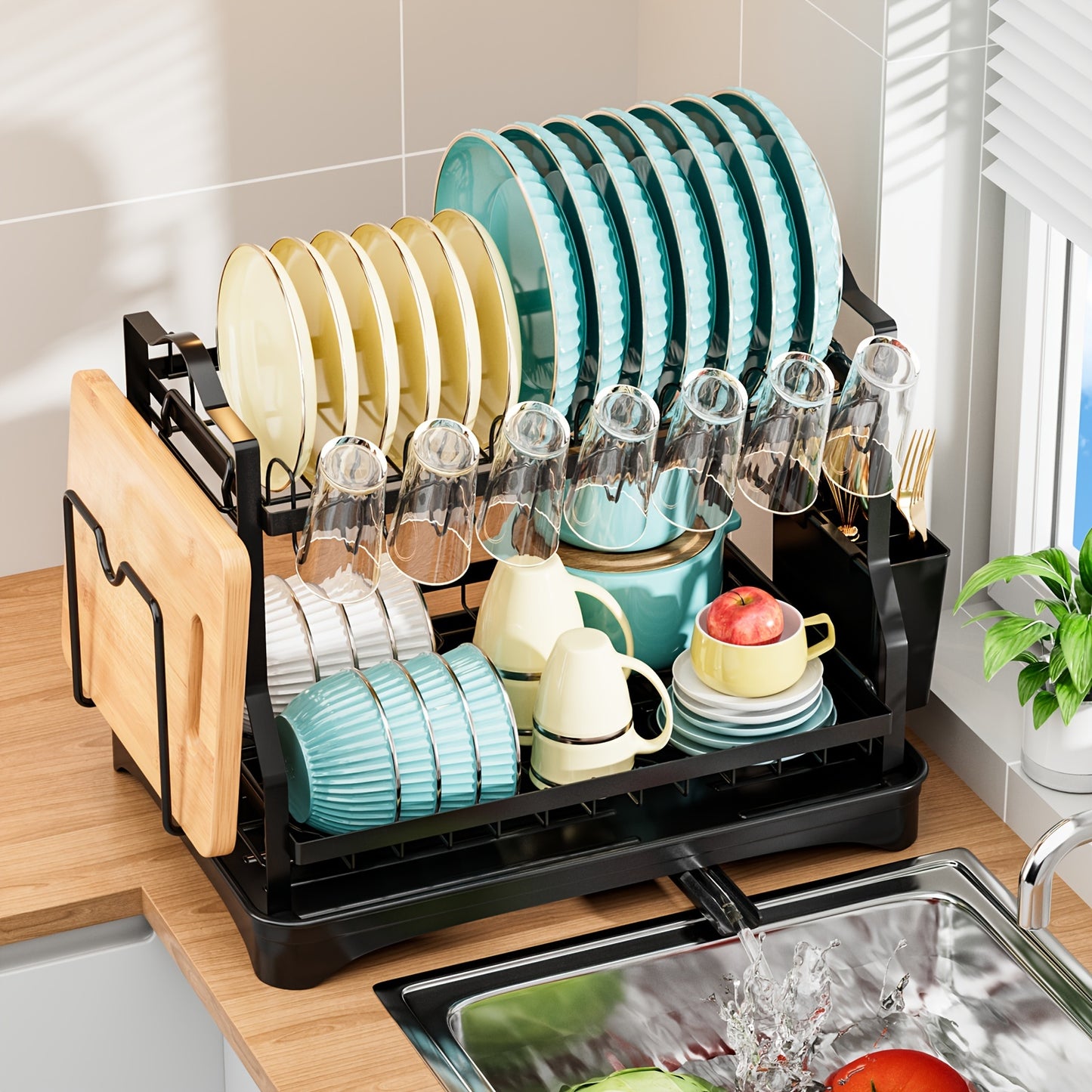 2-Tier Kitchen Organizer Rack with Drain Pan - Space-Saving Storage for Dishes & Utensils