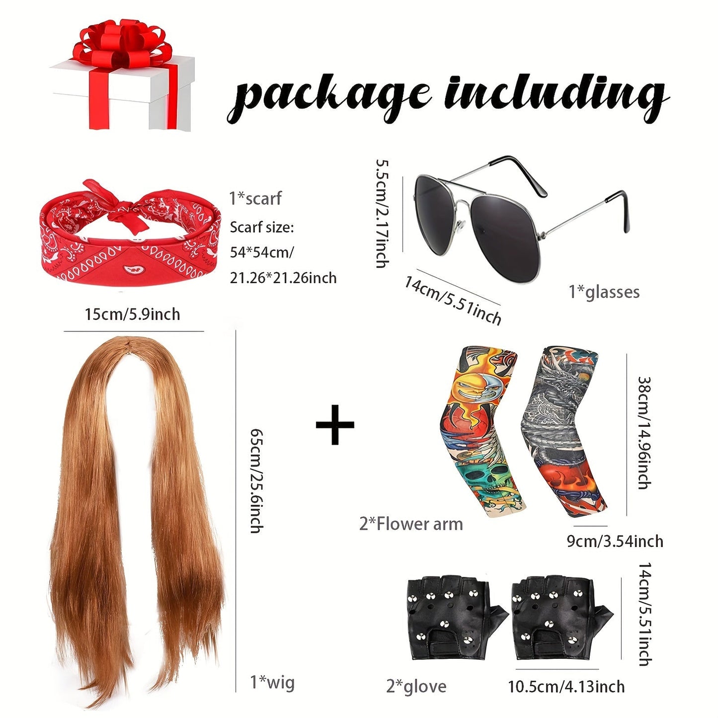 Get ready to rock with this Retro Rocker Costume Set, perfect for both men and women! This set includes 7 pieces that will transform you into a 70s/80s heavy metal hippie. Complete with a wig, bandana, fashion glasses, punk gloves, and tattoo sleeves