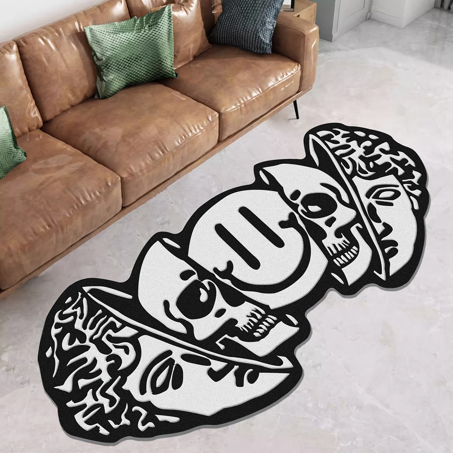 Soft Cashmere-Feel Plush Skull Pattern Area Mat with Modern Design - Large Irregular Living Room Mat, 7.5mm Thick, Ideal for Bedroom & Living Room Decor - Hand Wash Only, 1100g/sqm, Area Rugs Living Room