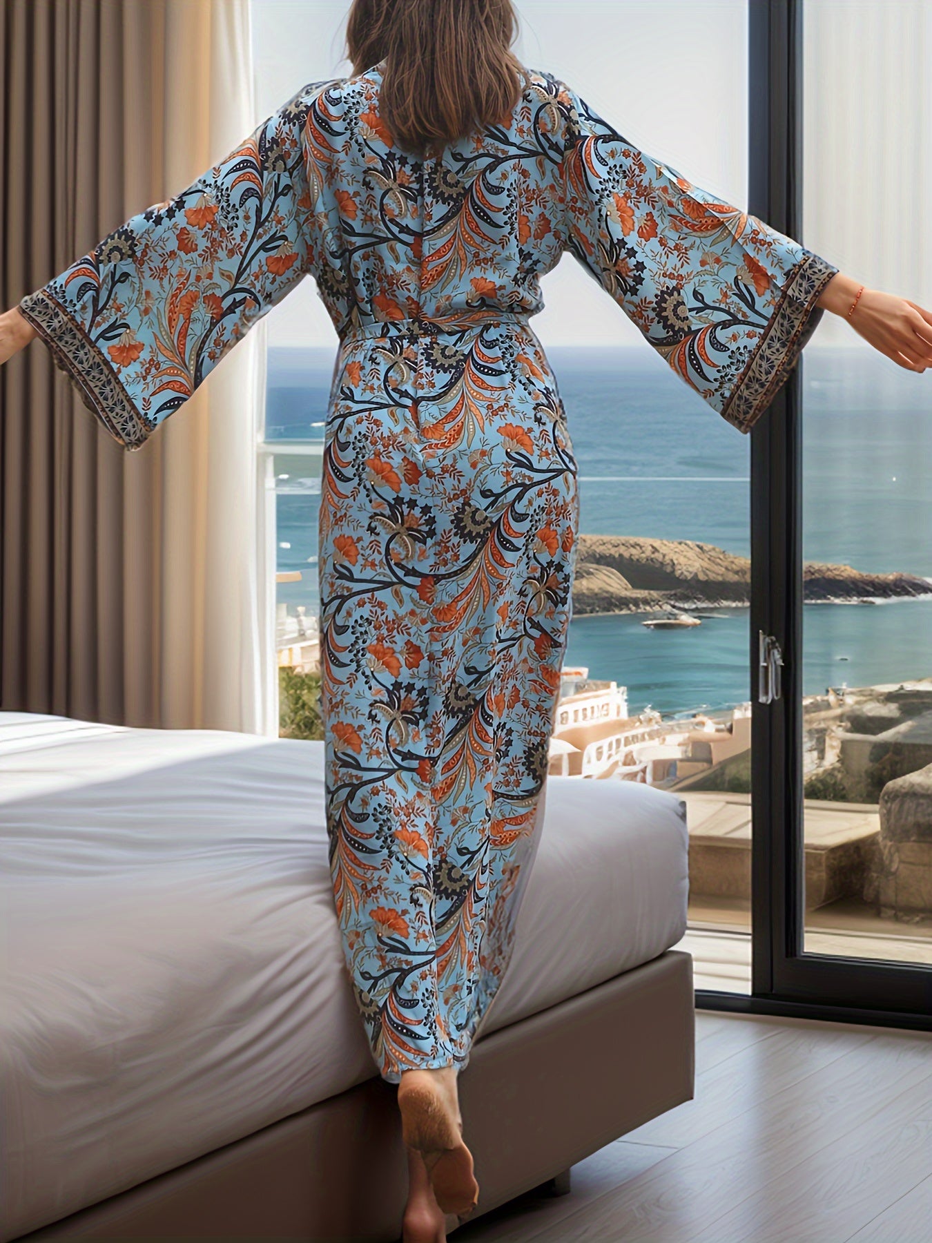 Boho Chic Plus Size Women's Long Robe with Full Print, V-Neck, Tie Waist - Ideal for Spring/Summer/Fall