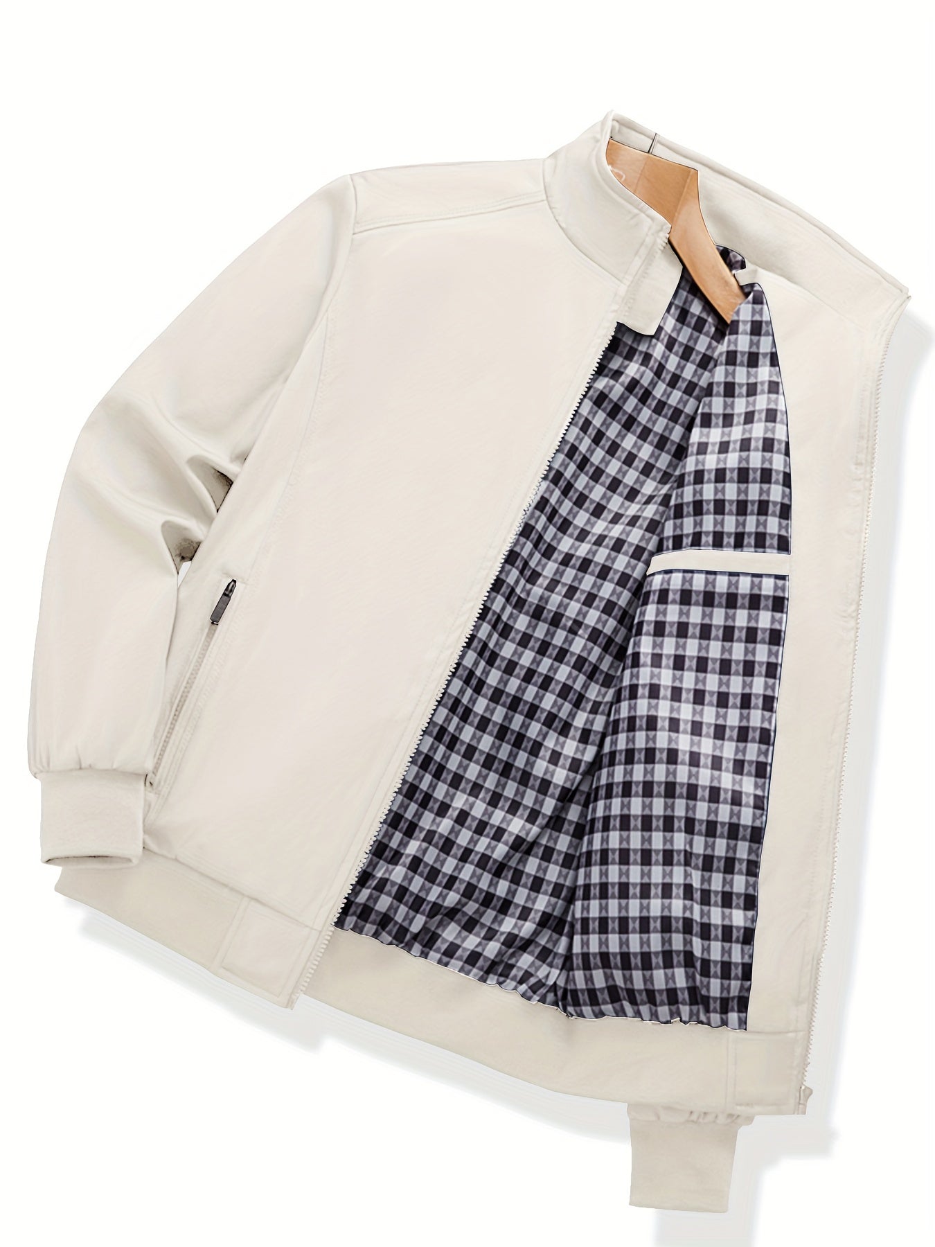 Men's Lightweight Windbreaker Jacket in Solid Gray with Checkered Detail Pocket - Casual Zip-Up with Stand Collar, made of Polyester - Ideal for Spring & Fall