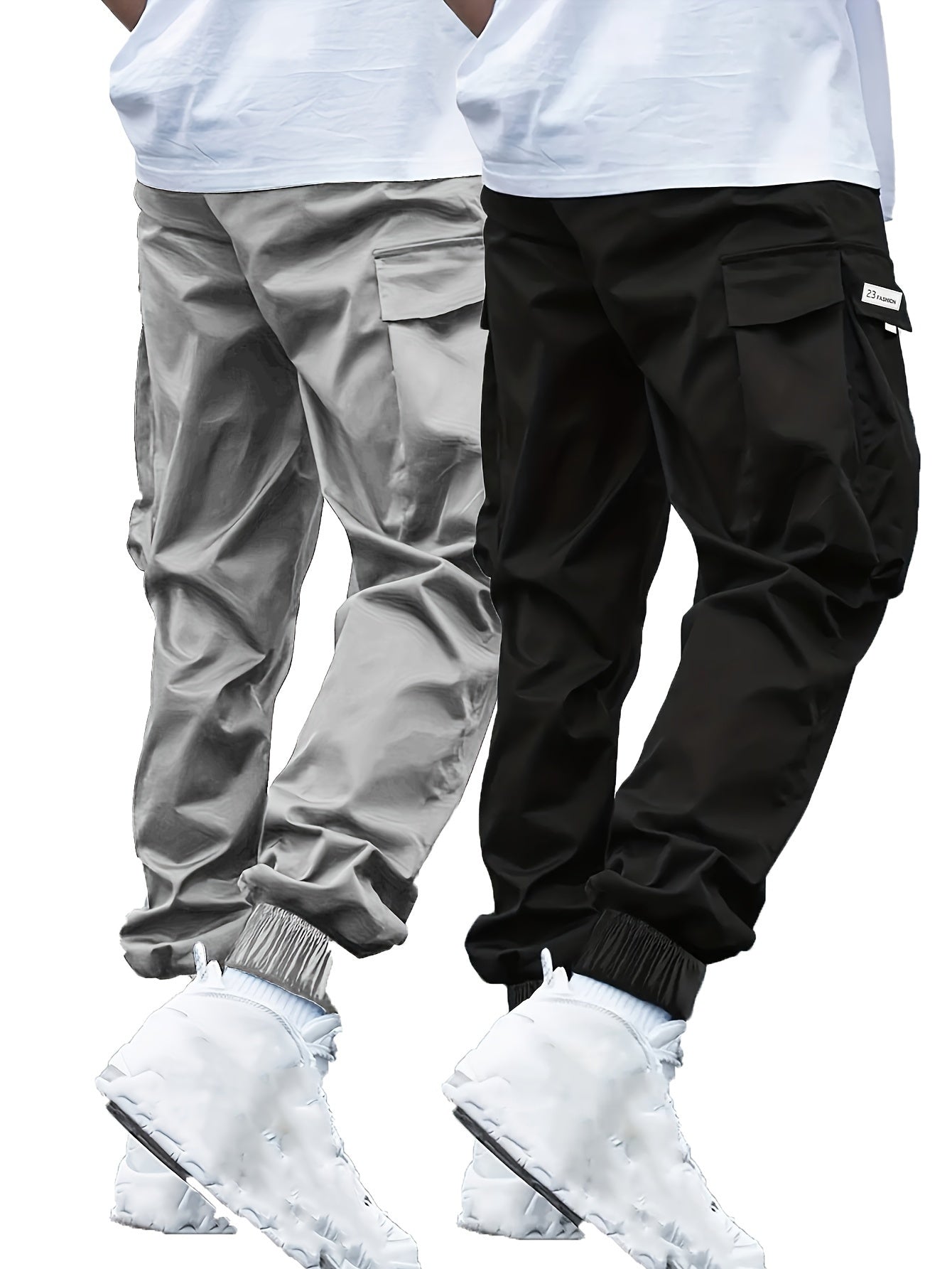 Set of 2 men's plus size cargo pants with athletic and casual style, featuring trendy pockets.